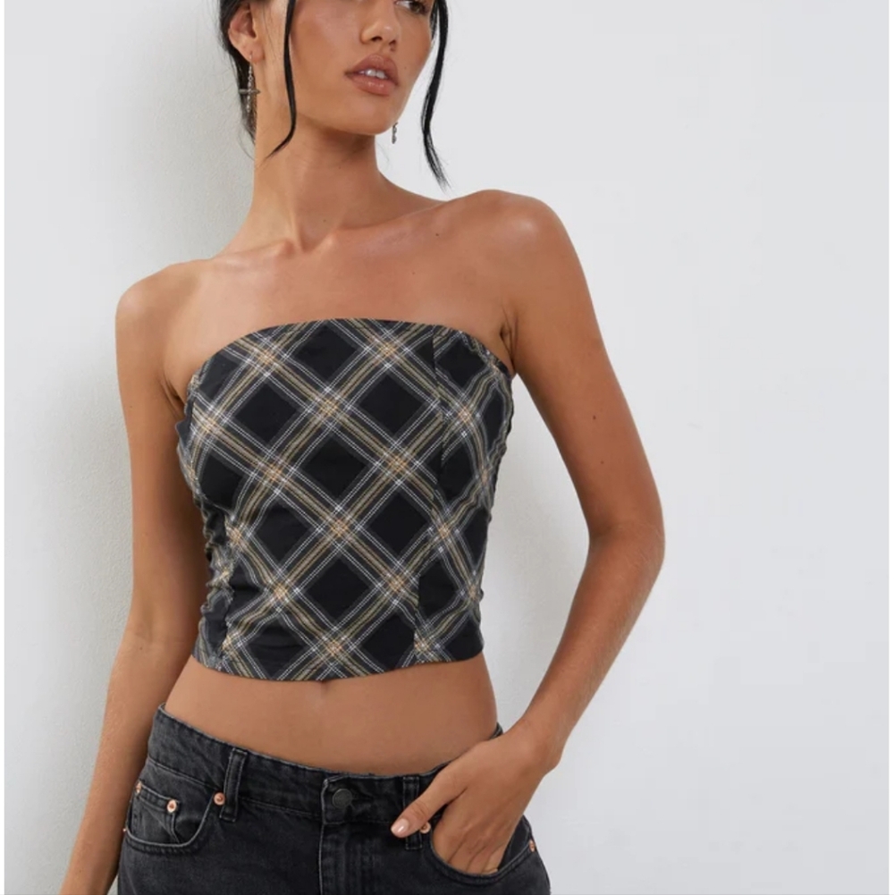 Motel Shaloe Bandeau Top In Black and Grey Check